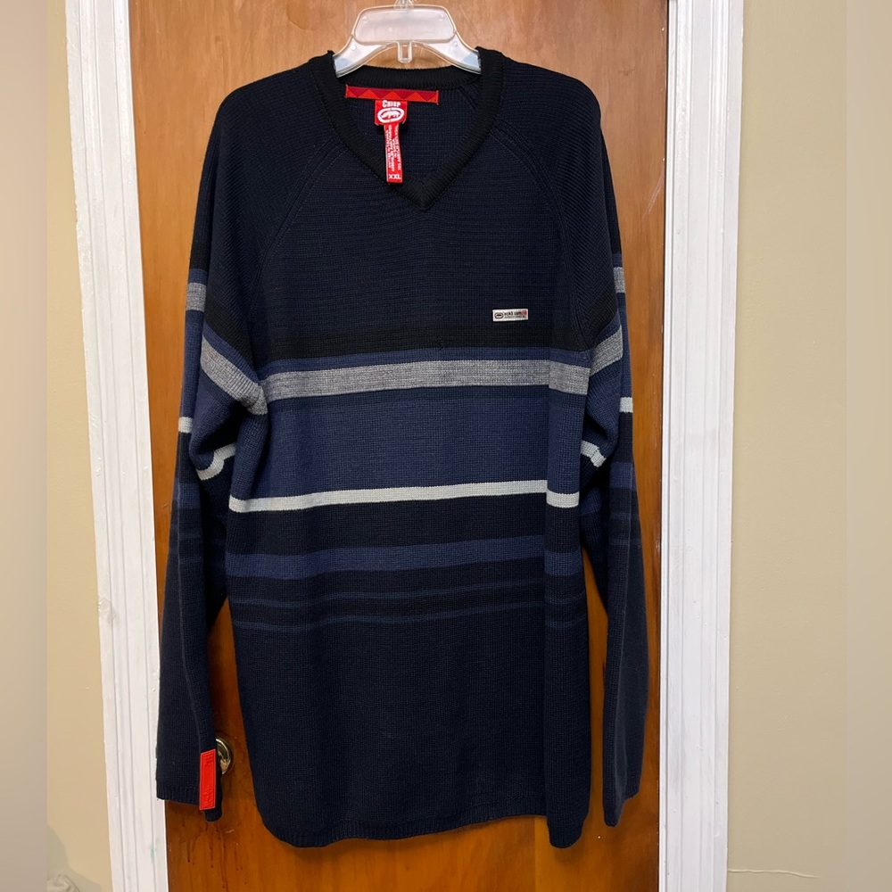 🆕. ECKO  NEW. Crisp Men's Winter Navy and Gray Wool Blend Striped Sweater. XXL